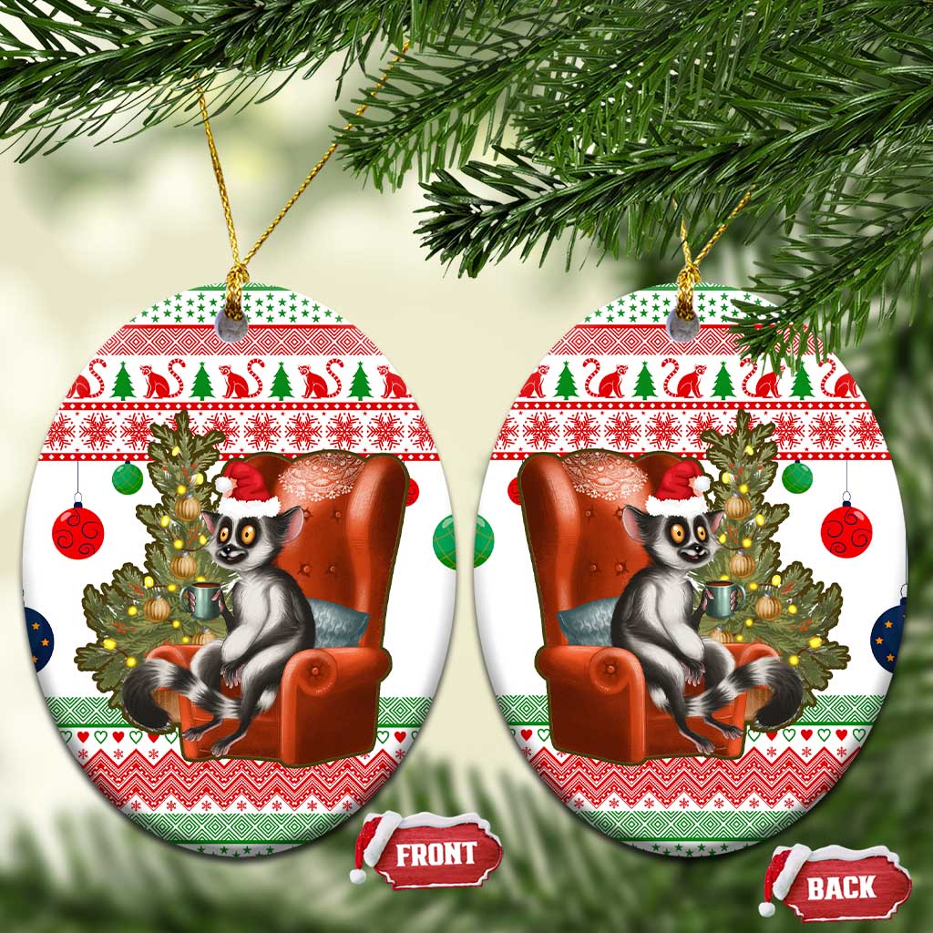 Madagascar Christmas Ceramic Ornament with Lemur Santa Hat Holiday Tree and Festive Pattern - Wonder Print Shop