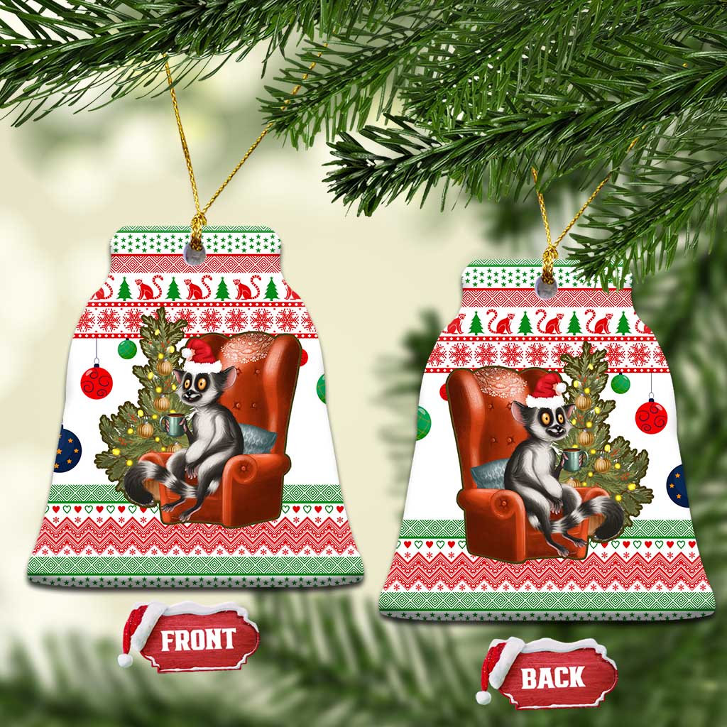 Madagascar Christmas Ceramic Ornament with Lemur Santa Hat Holiday Tree and Festive Pattern - Wonder Print Shop