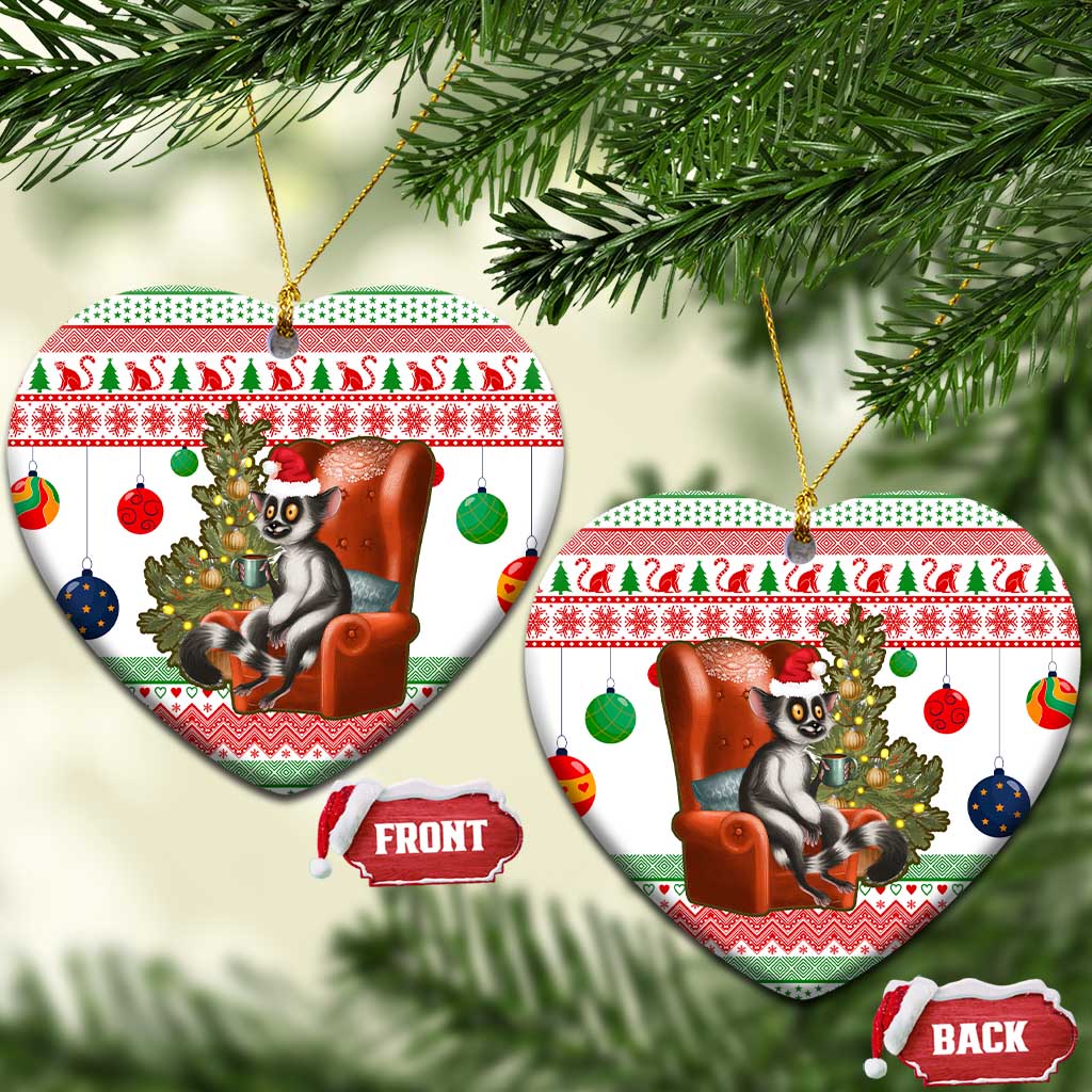 Madagascar Christmas Ceramic Ornament with Lemur Santa Hat Holiday Tree and Festive Pattern - Wonder Print Shop