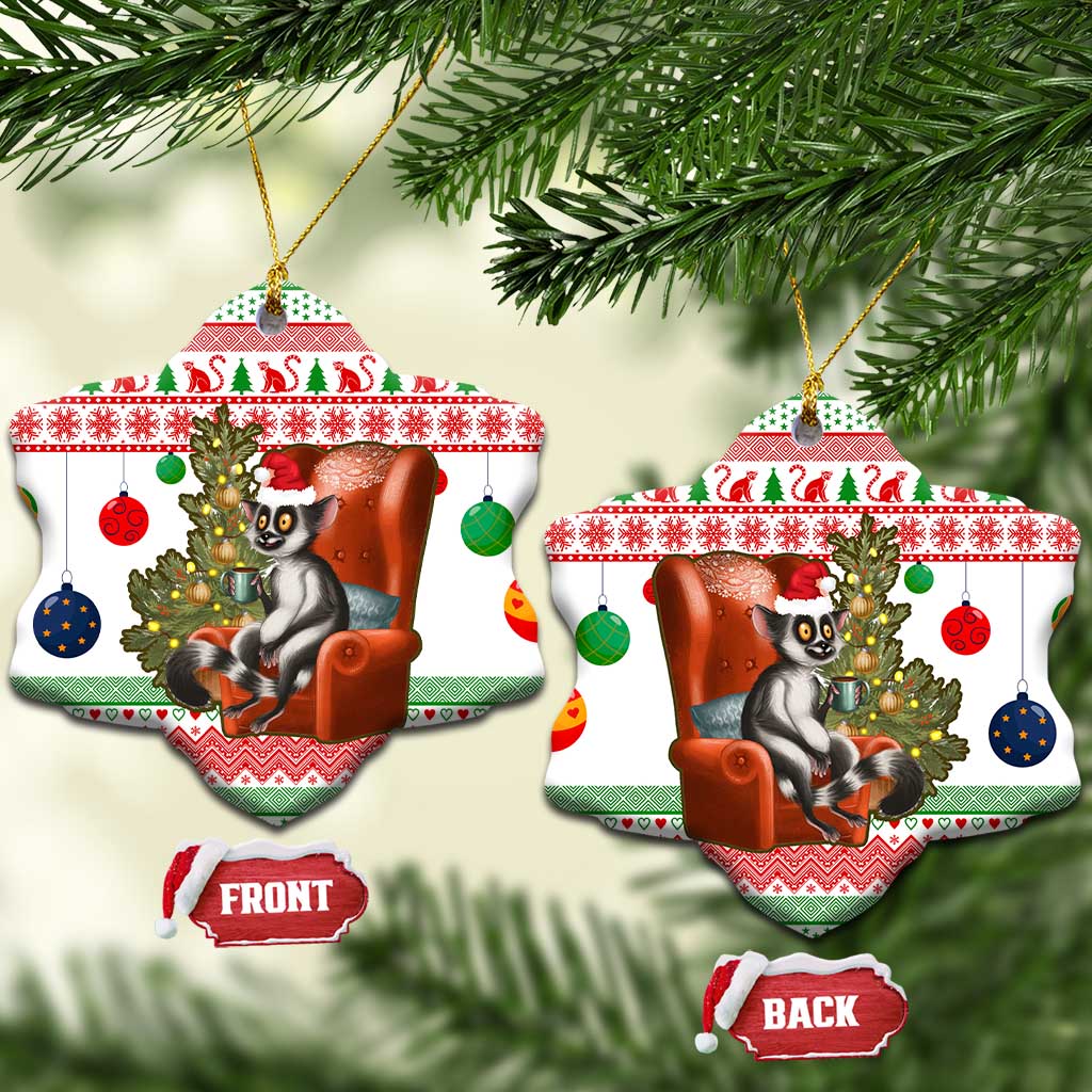Madagascar Christmas Ceramic Ornament with Lemur Santa Hat Holiday Tree and Festive Pattern - Wonder Print Shop
