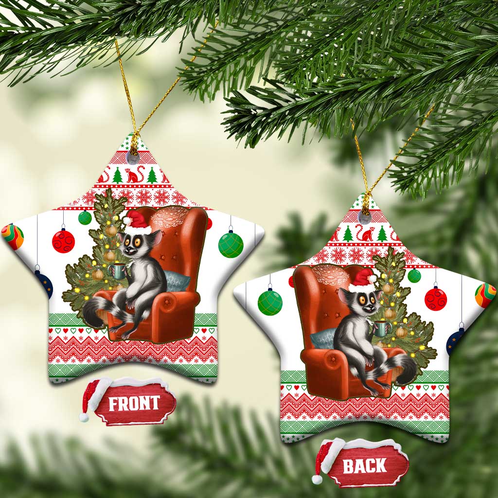 Madagascar Christmas Ceramic Ornament with Lemur Santa Hat Holiday Tree and Festive Pattern - Wonder Print Shop
