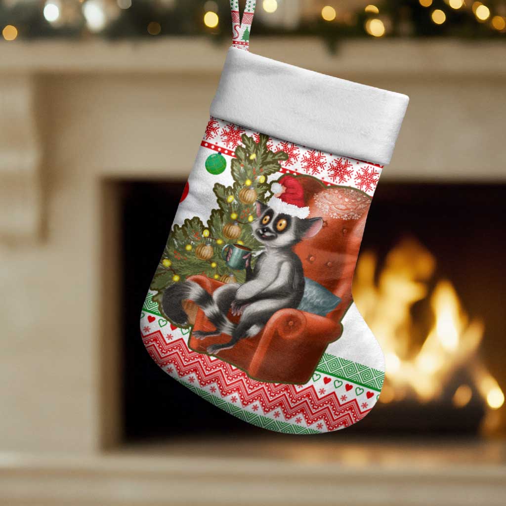 Madagascar Christmas Stocking with Lemur Santa Hat Holiday Tree and Festive Pattern - Wonder Print Shop