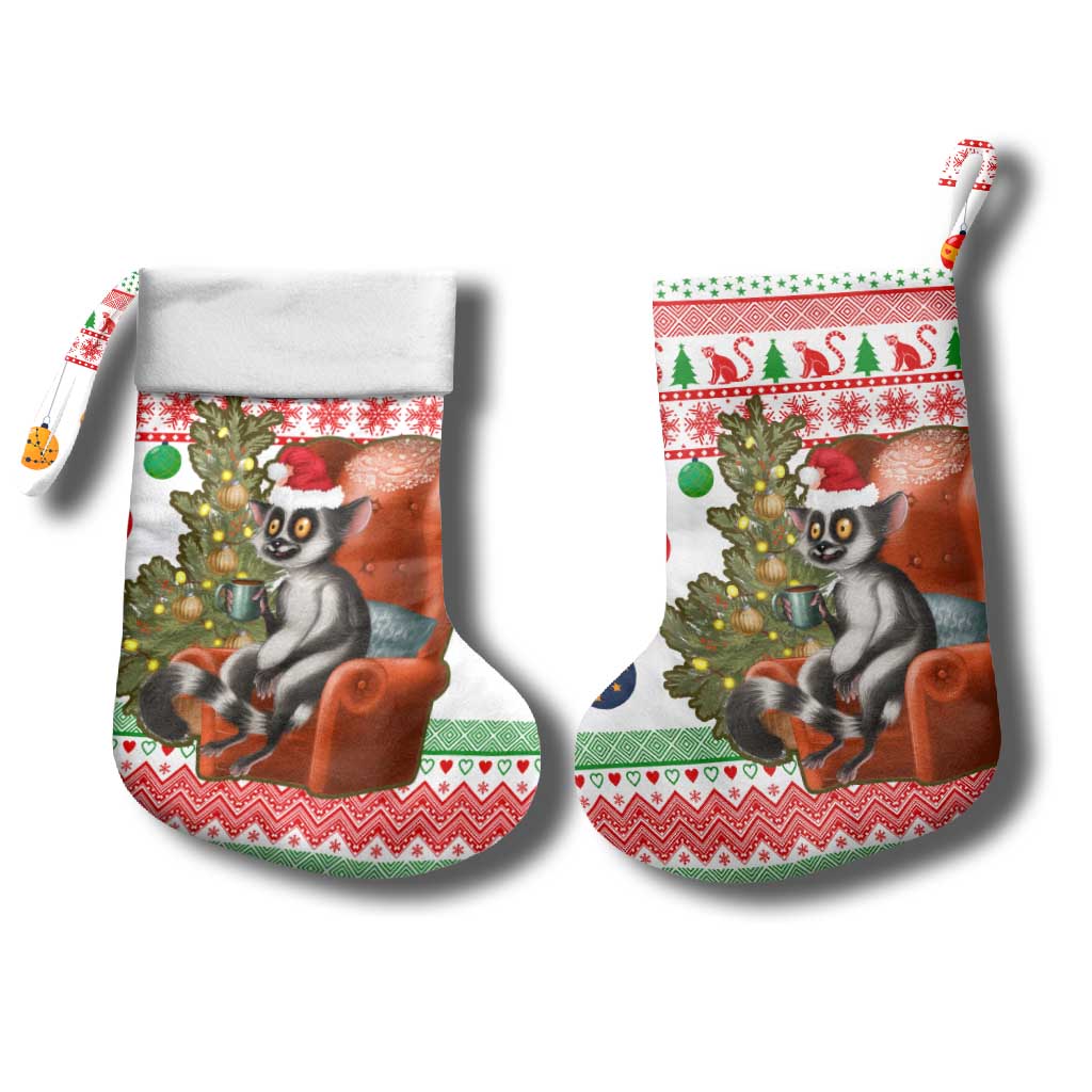 Madagascar Christmas Stocking with Lemur Santa Hat Holiday Tree and Festive Pattern - Wonder Print Shop