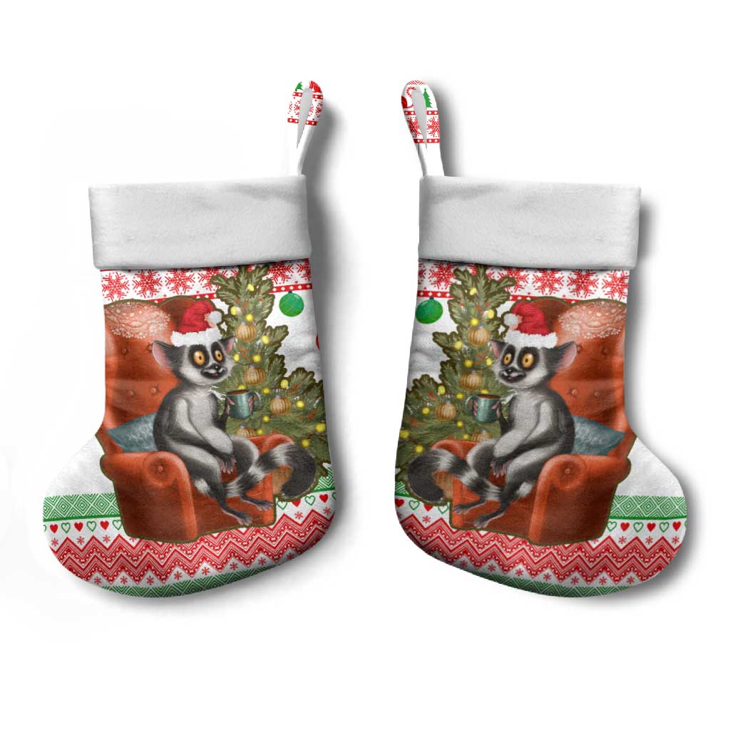 Madagascar Christmas Stocking with Lemur Santa Hat Holiday Tree and Festive Pattern - Wonder Print Shop