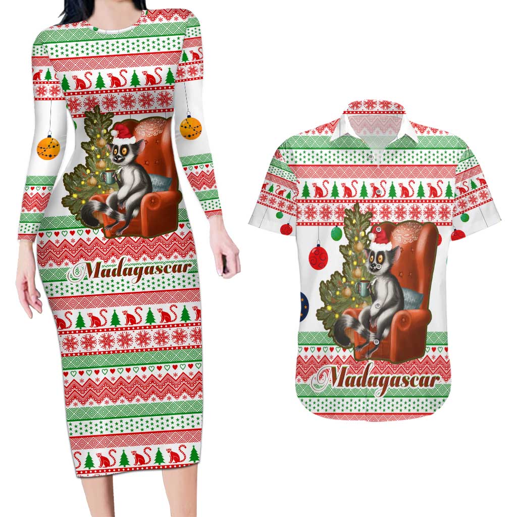Madagascar Christmas Couples Matching Long Sleeve Bodycon Dress and Hawaiian Shirt with Lemur Santa Hat Holiday Tree and Festive Pattern - Wonder Print Shop