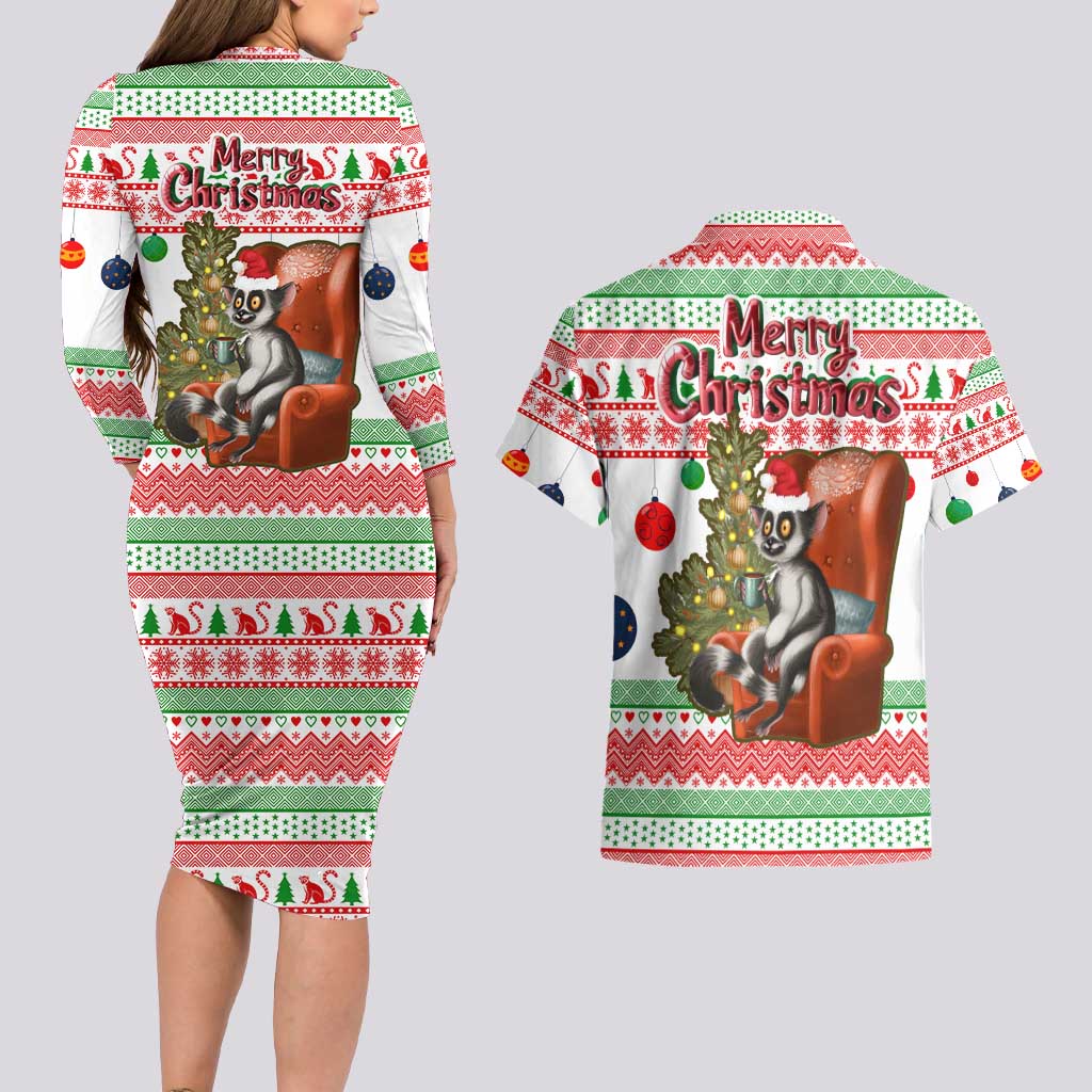 Madagascar Christmas Couples Matching Long Sleeve Bodycon Dress and Hawaiian Shirt with Lemur Santa Hat Holiday Tree and Festive Pattern - Wonder Print Shop