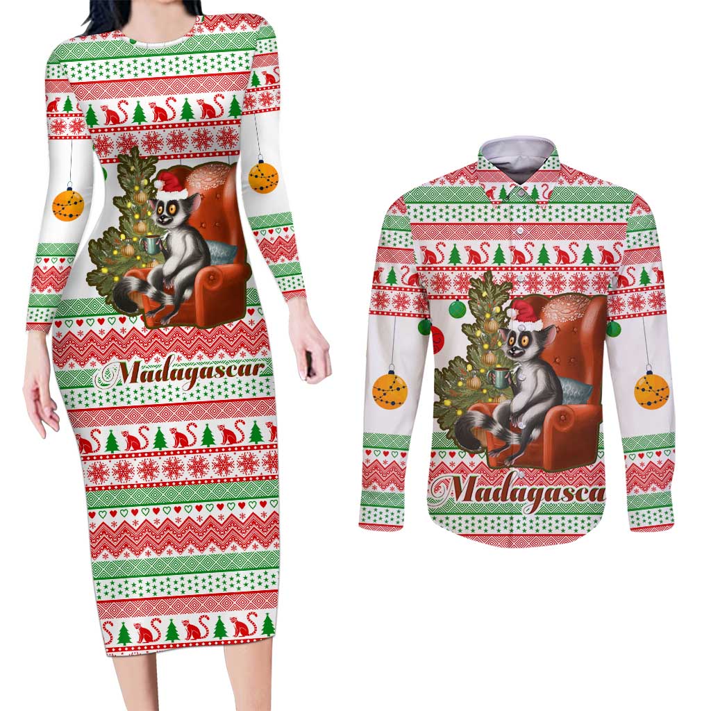 Madagascar Christmas Couples Matching Long Sleeve Bodycon Dress and Long Sleeve Button Shirt with Lemur Santa Hat Holiday Tree and Festive Pattern - Wonder Print Shop