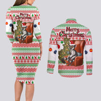 Madagascar Christmas Couples Matching Long Sleeve Bodycon Dress and Long Sleeve Button Shirt with Lemur Santa Hat Holiday Tree and Festive Pattern - Wonder Print Shop