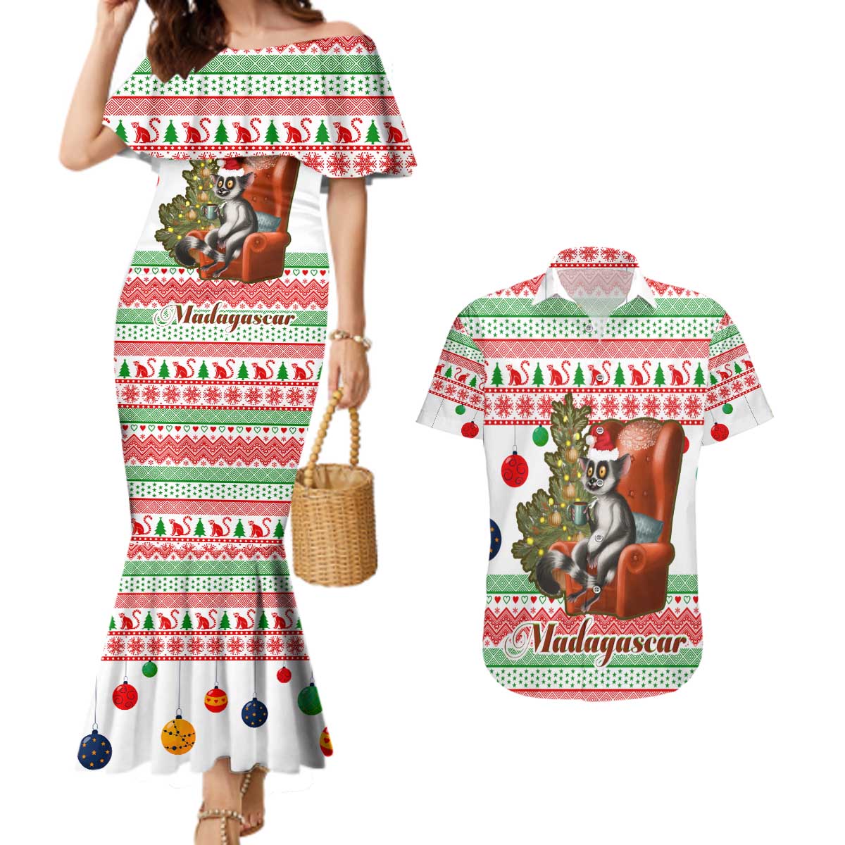 Madagascar Christmas Couples Matching Mermaid Dress and Hawaiian Shirt with Lemur Santa Hat Holiday Tree and Festive Pattern - Wonder Print Shop