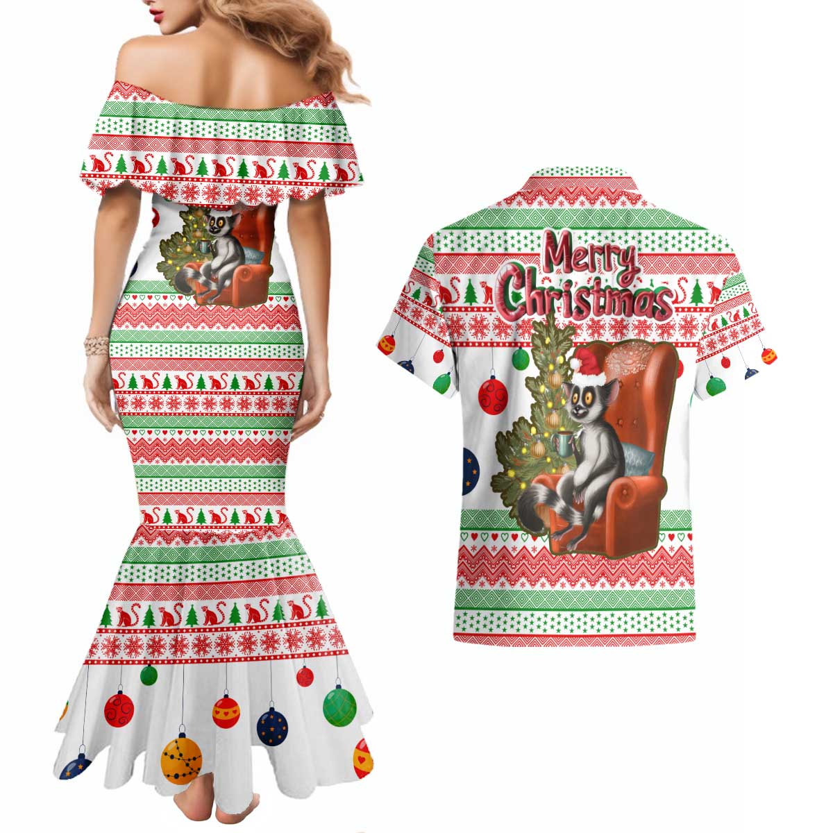 Madagascar Christmas Couples Matching Mermaid Dress and Hawaiian Shirt with Lemur Santa Hat Holiday Tree and Festive Pattern - Wonder Print Shop