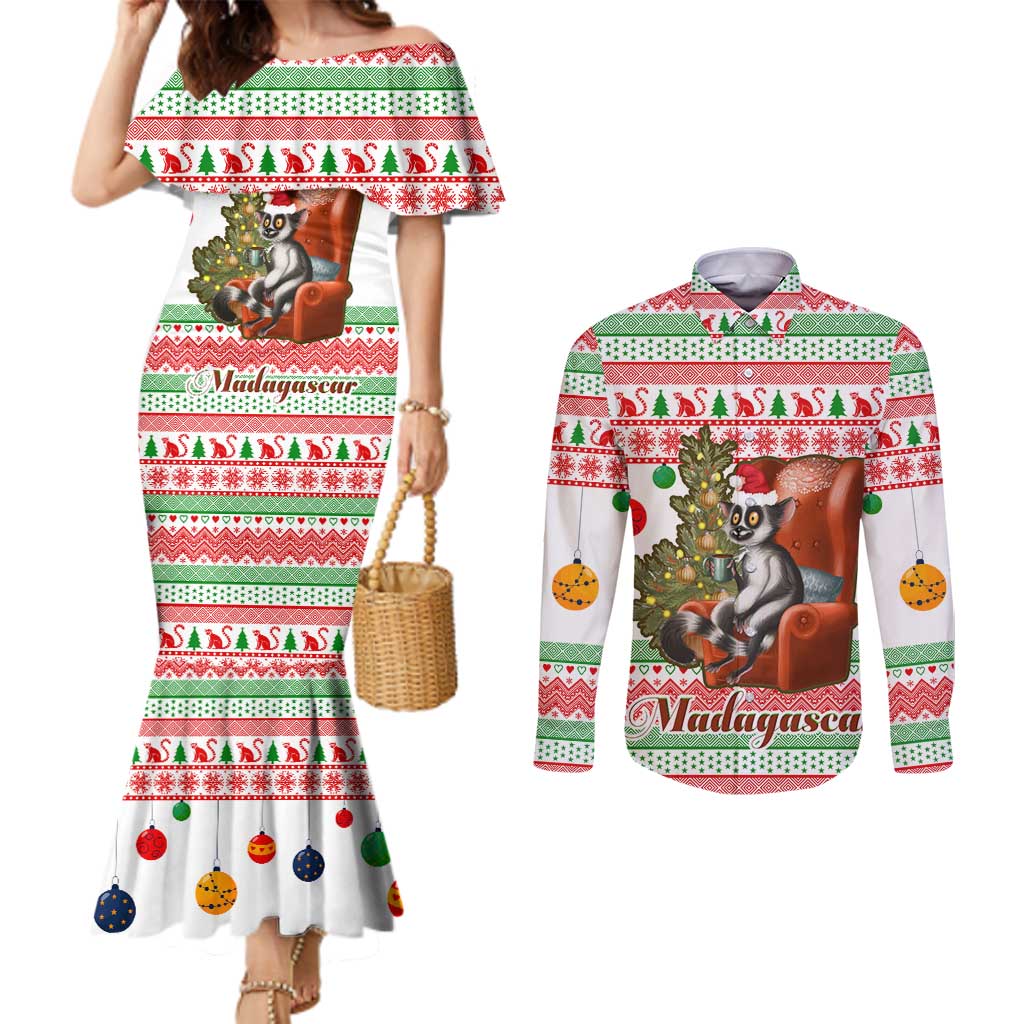 Madagascar Christmas Couples Matching Mermaid Dress and Long Sleeve Button Shirt with Lemur Santa Hat Holiday Tree and Festive Pattern - Wonder Print Shop