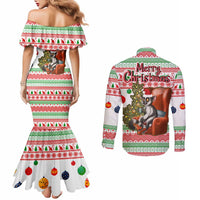 Madagascar Christmas Couples Matching Mermaid Dress and Long Sleeve Button Shirt with Lemur Santa Hat Holiday Tree and Festive Pattern - Wonder Print Shop