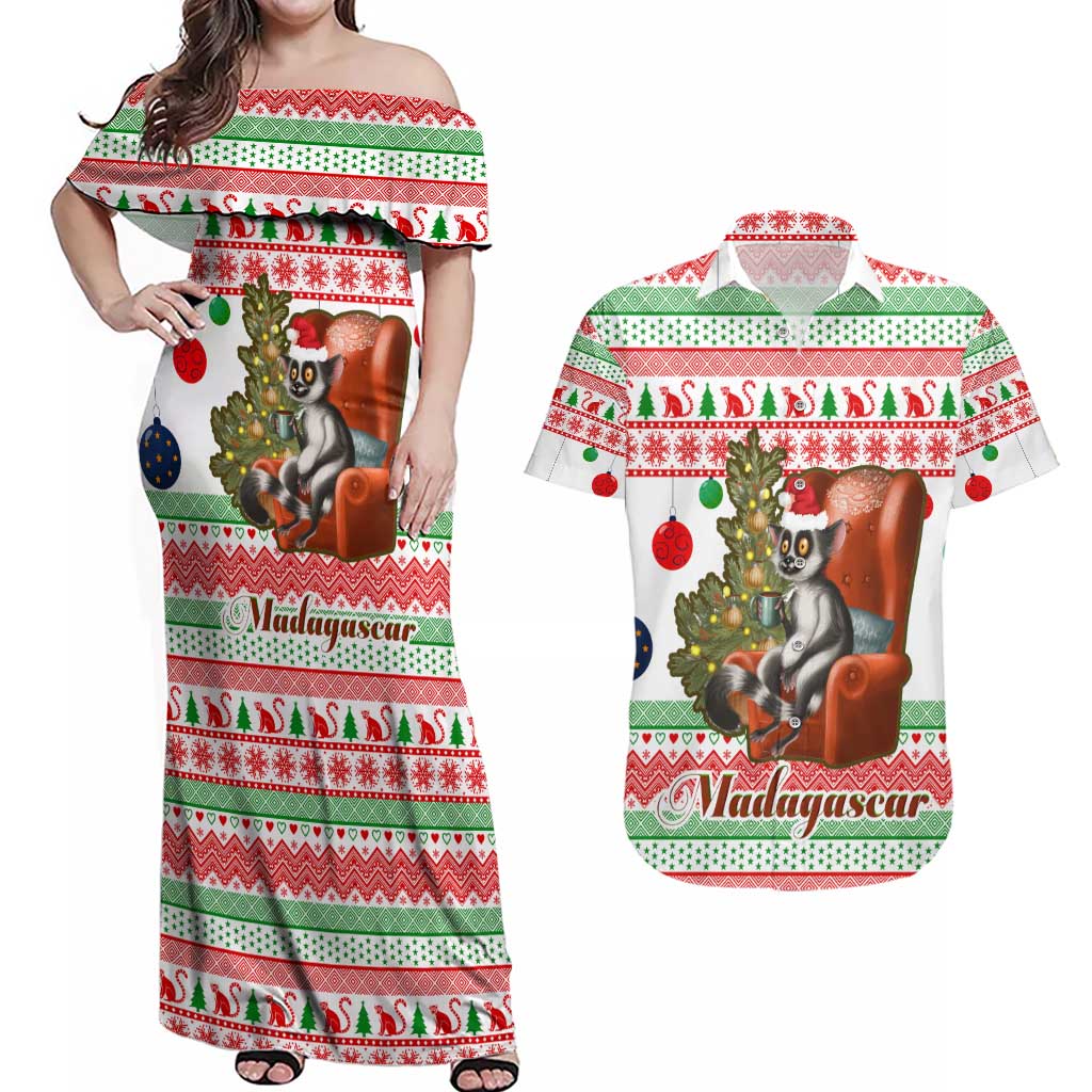 Madagascar Christmas Couples Matching Off Shoulder Maxi Dress and Hawaiian Shirt with Lemur Santa Hat Holiday Tree and Festive Pattern - Wonder Print Shop