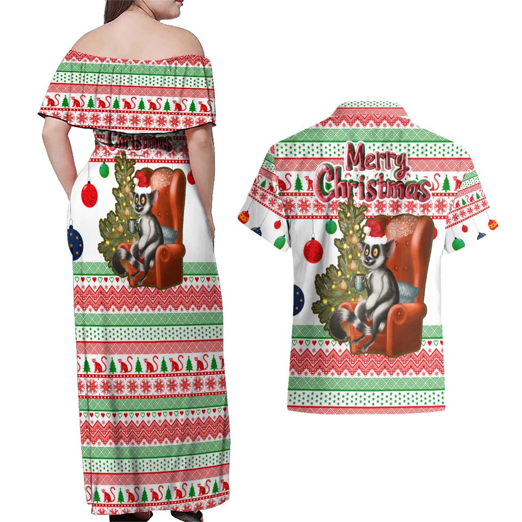 Madagascar Christmas Couples Matching Off Shoulder Maxi Dress and Hawaiian Shirt with Lemur Santa Hat Holiday Tree and Festive Pattern - Wonder Print Shop