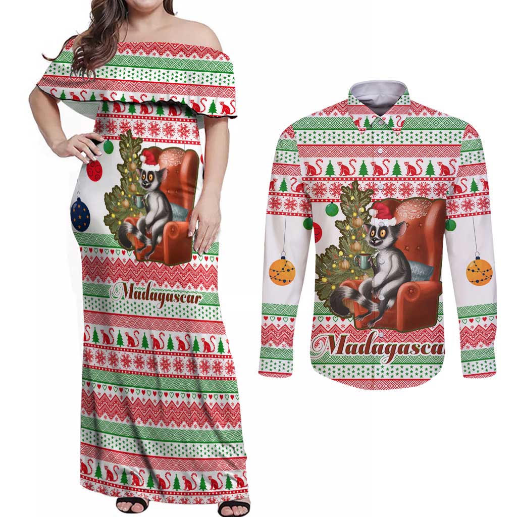 Madagascar Christmas Couples Matching Off Shoulder Maxi Dress and Long Sleeve Button Shirt with Lemur Santa Hat Holiday Tree and Festive Pattern - Wonder Print Shop