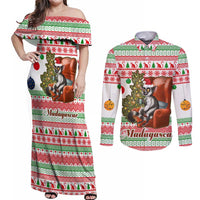 Madagascar Christmas Couples Matching Off Shoulder Maxi Dress and Long Sleeve Button Shirt with Lemur Santa Hat Holiday Tree and Festive Pattern - Wonder Print Shop