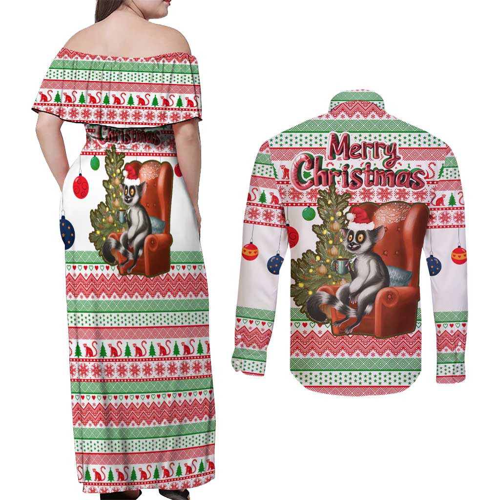 Madagascar Christmas Couples Matching Off Shoulder Maxi Dress and Long Sleeve Button Shirt with Lemur Santa Hat Holiday Tree and Festive Pattern - Wonder Print Shop