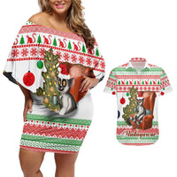 Madagascar Christmas Couples Matching Off Shoulder Short Dress and Hawaiian Shirt with Lemur Santa Hat Holiday Tree and Festive Pattern - Wonder Print Shop