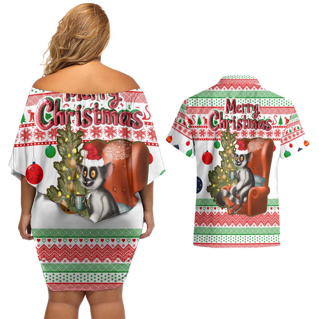 Madagascar Christmas Couples Matching Off Shoulder Short Dress and Hawaiian Shirt with Lemur Santa Hat Holiday Tree and Festive Pattern - Wonder Print Shop