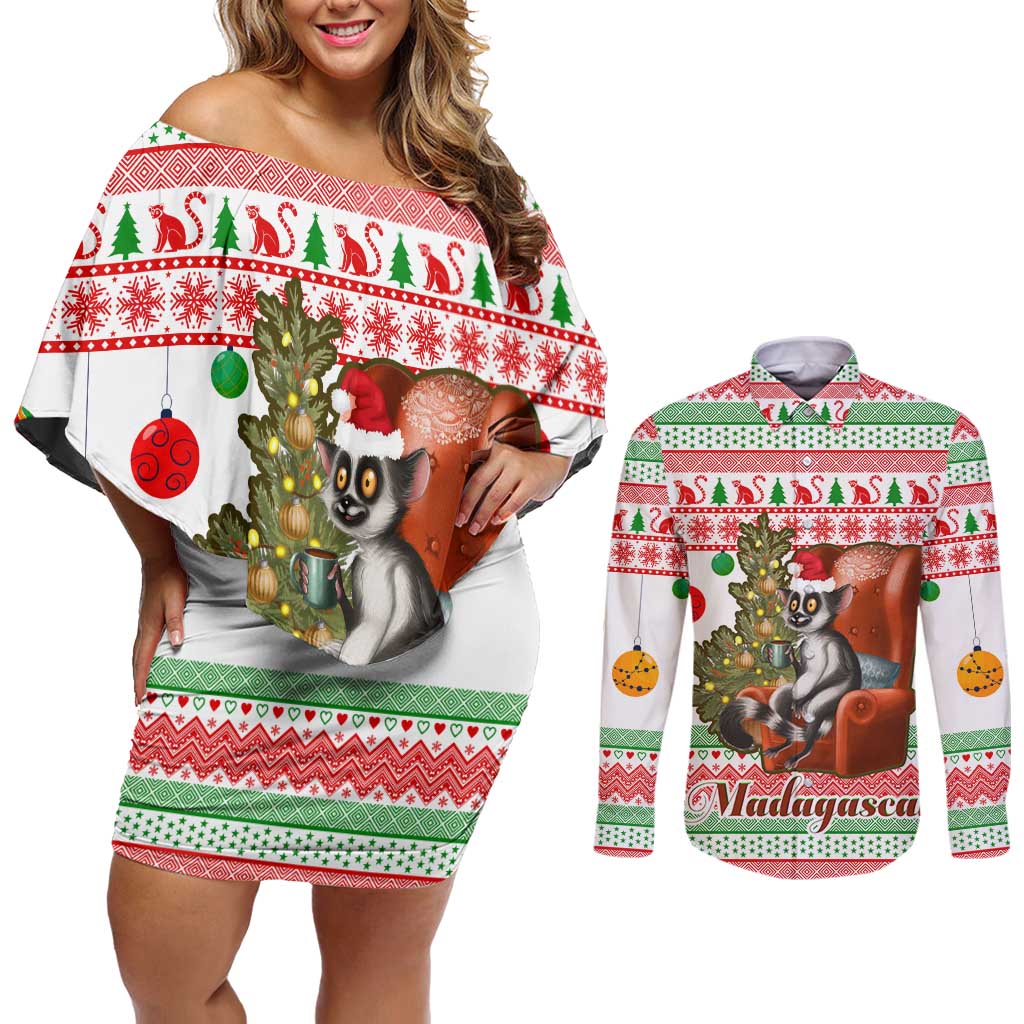 Madagascar Christmas Couples Matching Off Shoulder Short Dress and Long Sleeve Button Shirt with Lemur Santa Hat Holiday Tree and Festive Pattern - Wonder Print Shop