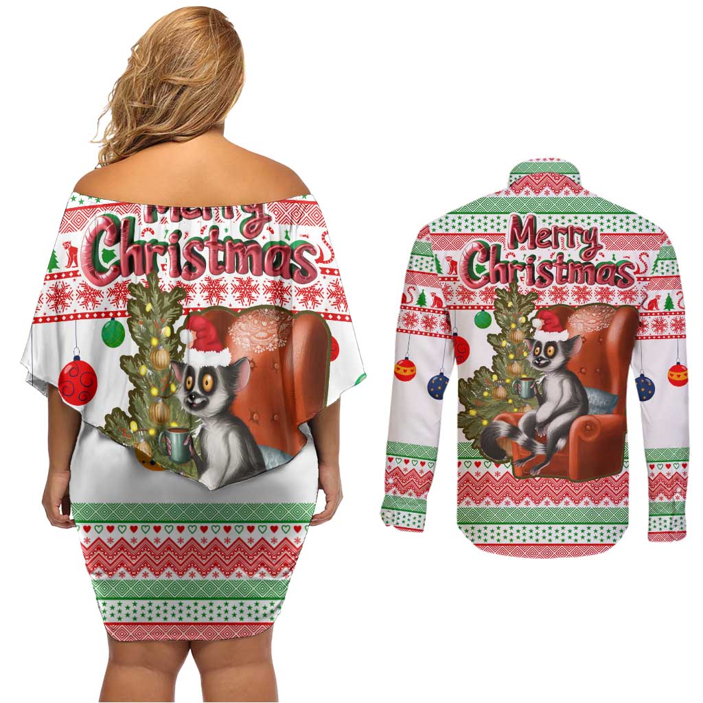 Madagascar Christmas Couples Matching Off Shoulder Short Dress and Long Sleeve Button Shirt with Lemur Santa Hat Holiday Tree and Festive Pattern - Wonder Print Shop