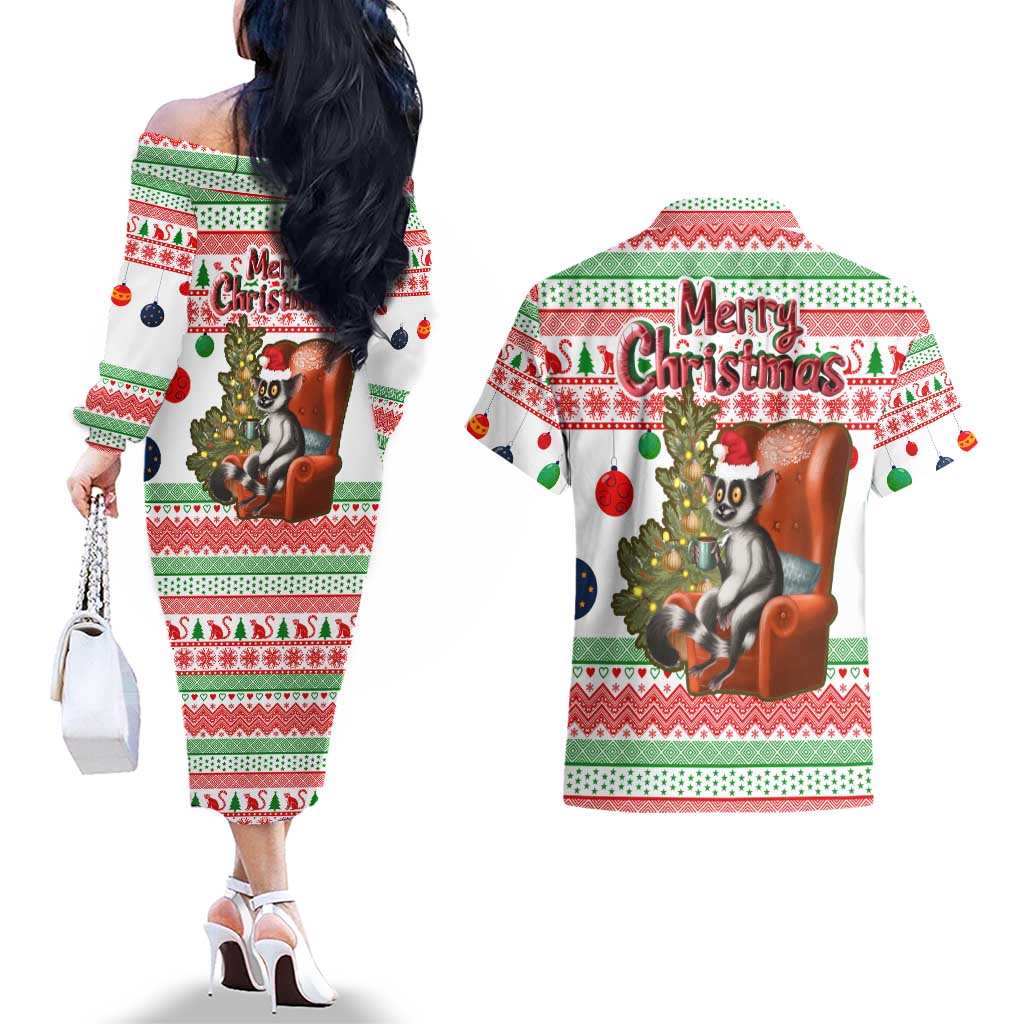 Madagascar Christmas Couples Matching Off The Shoulder Long Sleeve Dress and Hawaiian Shirt with Lemur Santa Hat Holiday Tree and Festive Pattern - Wonder Print Shop