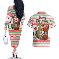 Madagascar Christmas Couples Matching Off The Shoulder Long Sleeve Dress and Hawaiian Shirt with Lemur Santa Hat Holiday Tree and Festive Pattern - Wonder Print Shop