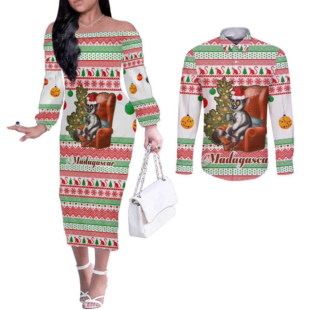 Madagascar Christmas Couples Matching Off The Shoulder Long Sleeve Dress and Long Sleeve Button Shirt with Lemur Santa Hat Holiday Tree and Festive Pattern - Wonder Print Shop