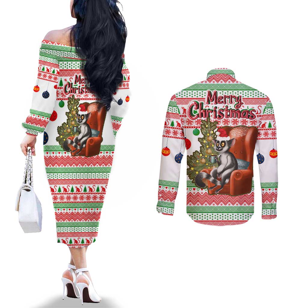 Madagascar Christmas Couples Matching Off The Shoulder Long Sleeve Dress and Long Sleeve Button Shirt with Lemur Santa Hat Holiday Tree and Festive Pattern - Wonder Print Shop
