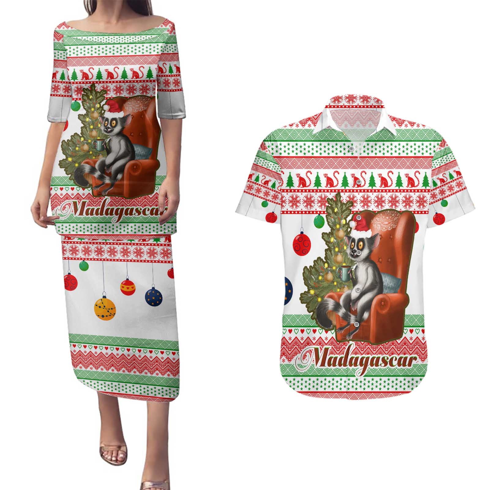 Madagascar Christmas Couples Matching Puletasi and Hawaiian Shirt with Lemur Santa Hat Holiday Tree and Festive Pattern - Wonder Print Shop