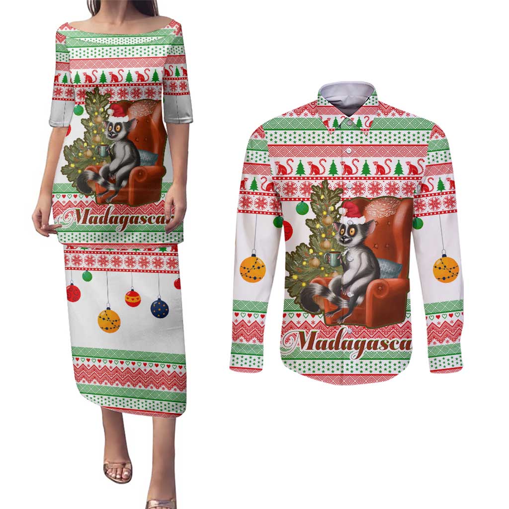 Madagascar Christmas Couples Matching Puletasi and Long Sleeve Button Shirt with Lemur Santa Hat Holiday Tree and Festive Pattern - Wonder Print Shop