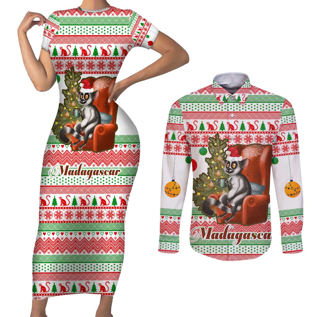 Madagascar Christmas Couples Matching Short Sleeve Bodycon Dress and Long Sleeve Button Shirt with Lemur Santa Hat Holiday Tree and Festive Pattern - Wonder Print Shop