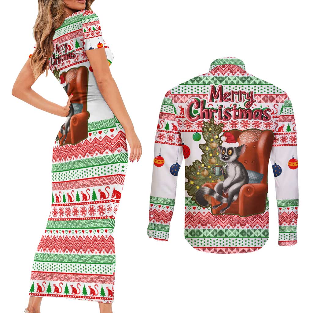 Madagascar Christmas Couples Matching Short Sleeve Bodycon Dress and Long Sleeve Button Shirt with Lemur Santa Hat Holiday Tree and Festive Pattern - Wonder Print Shop
