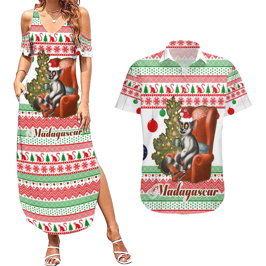Madagascar Christmas Couples Matching Summer Maxi Dress and Hawaiian Shirt with Lemur Santa Hat Holiday Tree and Festive Pattern - Wonder Print Shop