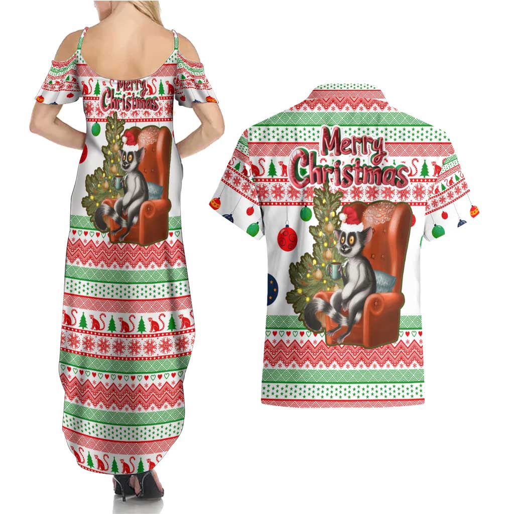 Madagascar Christmas Couples Matching Summer Maxi Dress and Hawaiian Shirt with Lemur Santa Hat Holiday Tree and Festive Pattern - Wonder Print Shop