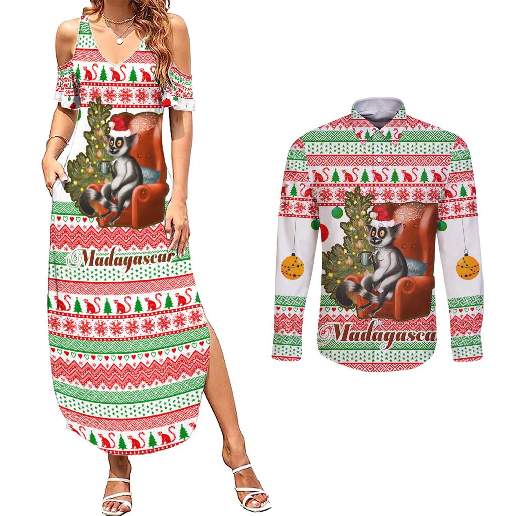 Madagascar Christmas Couples Matching Summer Maxi Dress and Long Sleeve Button Shirt with Lemur Santa Hat Holiday Tree and Festive Pattern - Wonder Print Shop