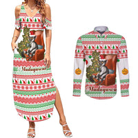 Madagascar Christmas Couples Matching Summer Maxi Dress and Long Sleeve Button Shirt with Lemur Santa Hat Holiday Tree and Festive Pattern - Wonder Print Shop