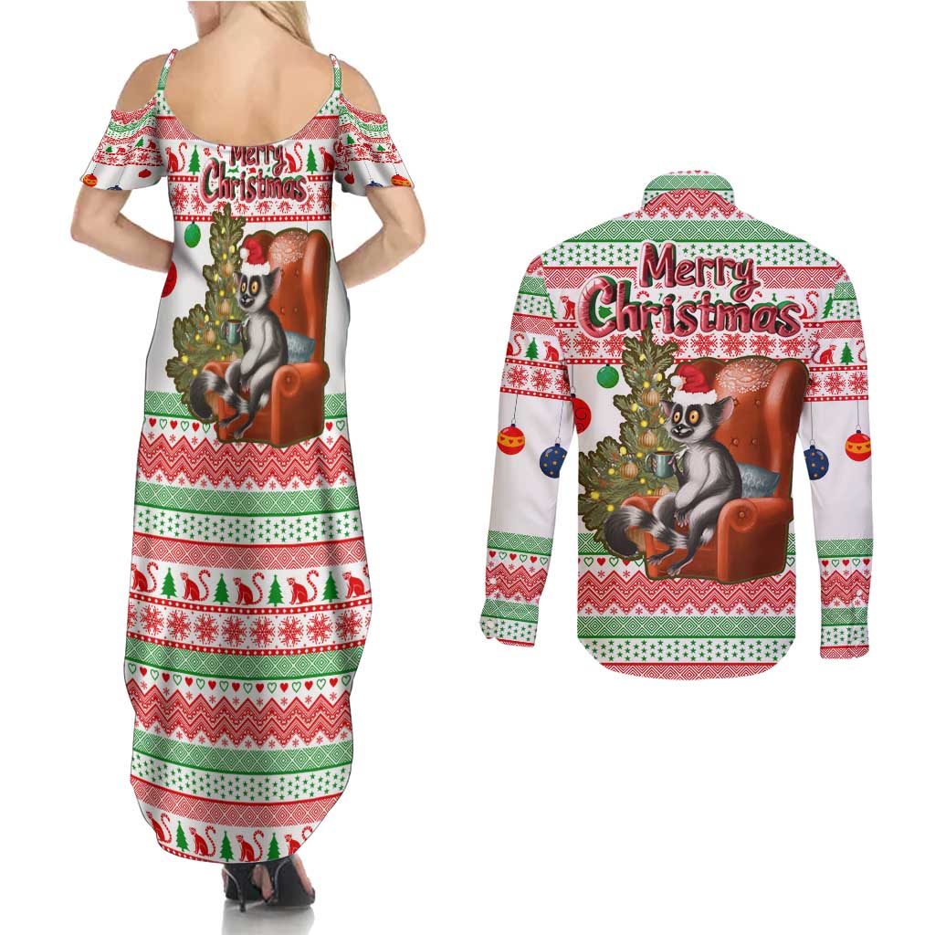 Madagascar Christmas Couples Matching Summer Maxi Dress and Long Sleeve Button Shirt with Lemur Santa Hat Holiday Tree and Festive Pattern - Wonder Print Shop