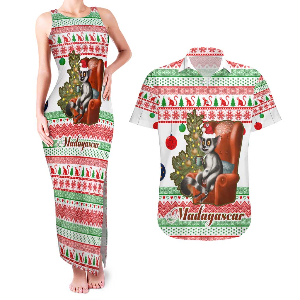 Madagascar Christmas Couples Matching Tank Maxi Dress and Hawaiian Shirt with Lemur Santa Hat Holiday Tree and Festive Pattern - Wonder Print Shop