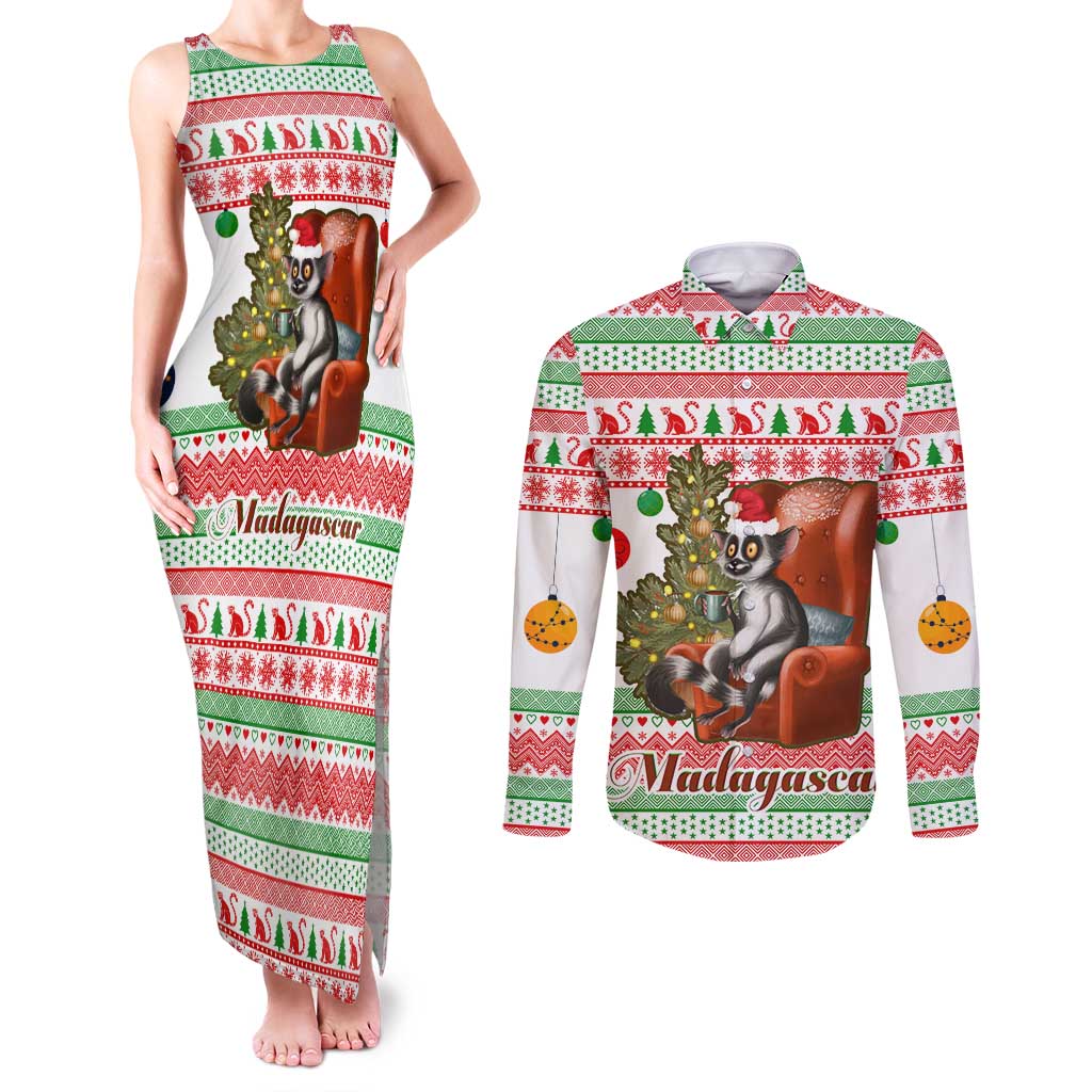 Madagascar Christmas Couples Matching Tank Maxi Dress and Long Sleeve Button Shirt with Lemur Santa Hat Holiday Tree and Festive Pattern - Wonder Print Shop