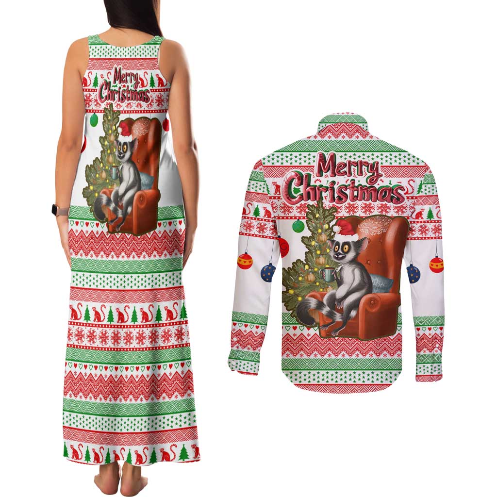 Madagascar Christmas Couples Matching Tank Maxi Dress and Long Sleeve Button Shirt with Lemur Santa Hat Holiday Tree and Festive Pattern - Wonder Print Shop