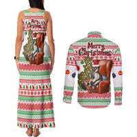 Madagascar Christmas Couples Matching Tank Maxi Dress and Long Sleeve Button Shirt with Lemur Santa Hat Holiday Tree and Festive Pattern - Wonder Print Shop