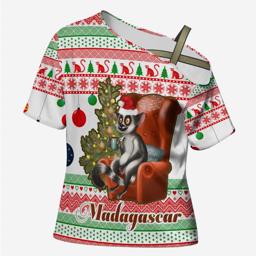 Madagascar Christmas Cross Shoulder Shirt with Lemur Santa Hat Holiday Tree and Festive Pattern - Wonder Print Shop