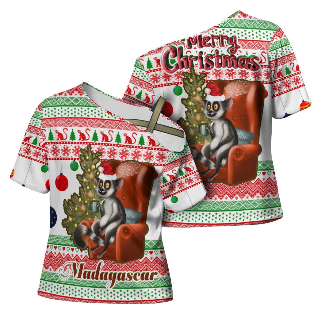 Madagascar Christmas Cross Shoulder Shirt with Lemur Santa Hat Holiday Tree and Festive Pattern - Wonder Print Shop