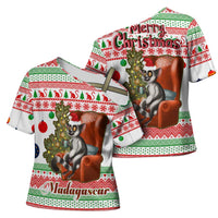 Madagascar Christmas Cross Shoulder Shirt with Lemur Santa Hat Holiday Tree and Festive Pattern - Wonder Print Shop