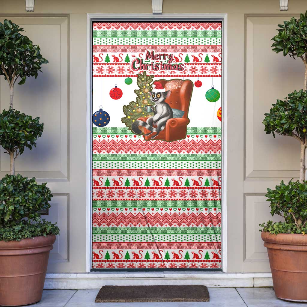 Madagascar Christmas Door Cover with Lemur Santa Hat Holiday Tree and Festive Pattern - Wonder Print Shop