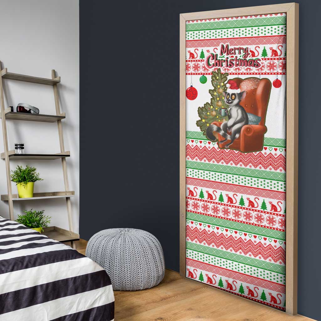 Madagascar Christmas Door Cover with Lemur Santa Hat Holiday Tree and Festive Pattern - Wonder Print Shop