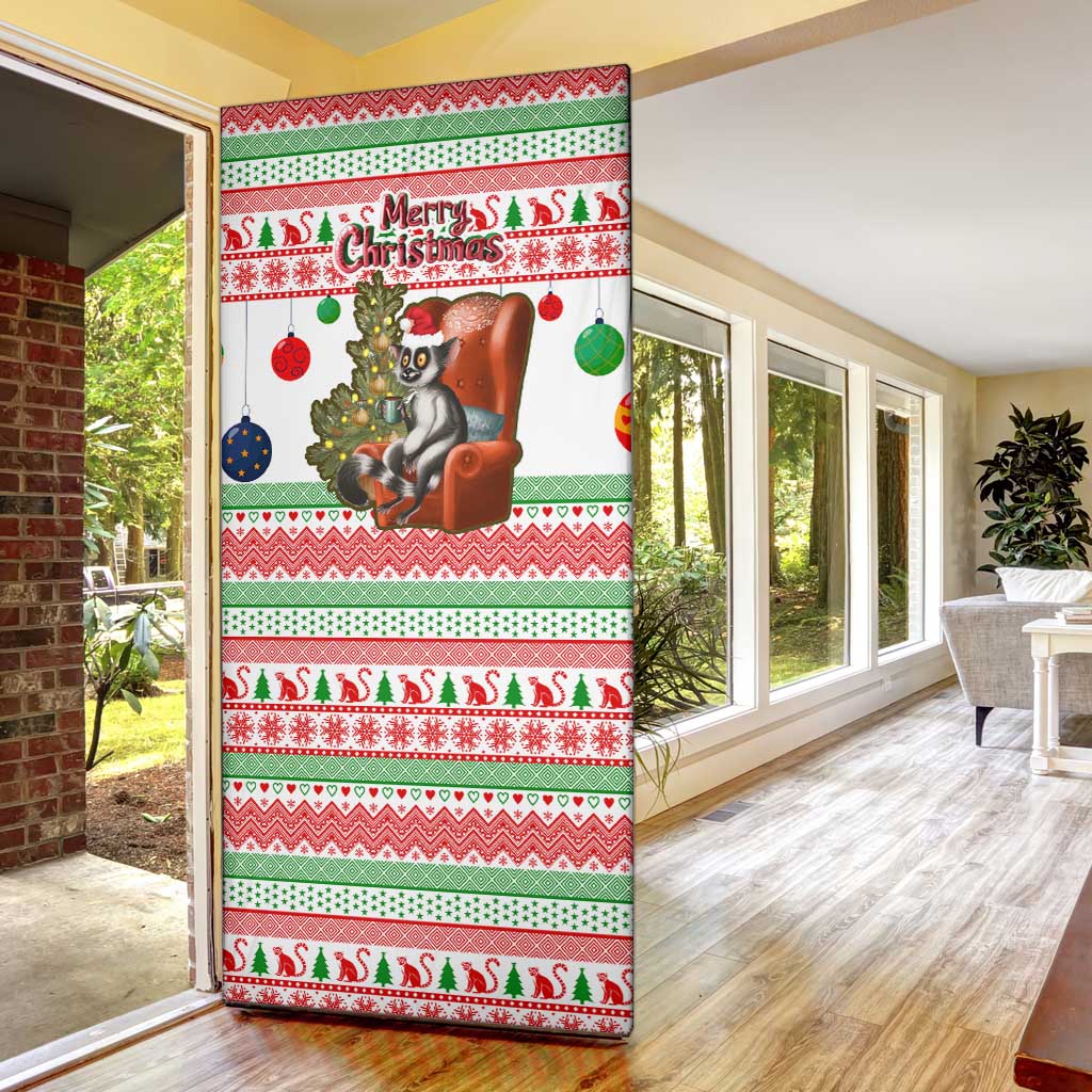 Madagascar Christmas Door Cover with Lemur Santa Hat Holiday Tree and Festive Pattern - Wonder Print Shop