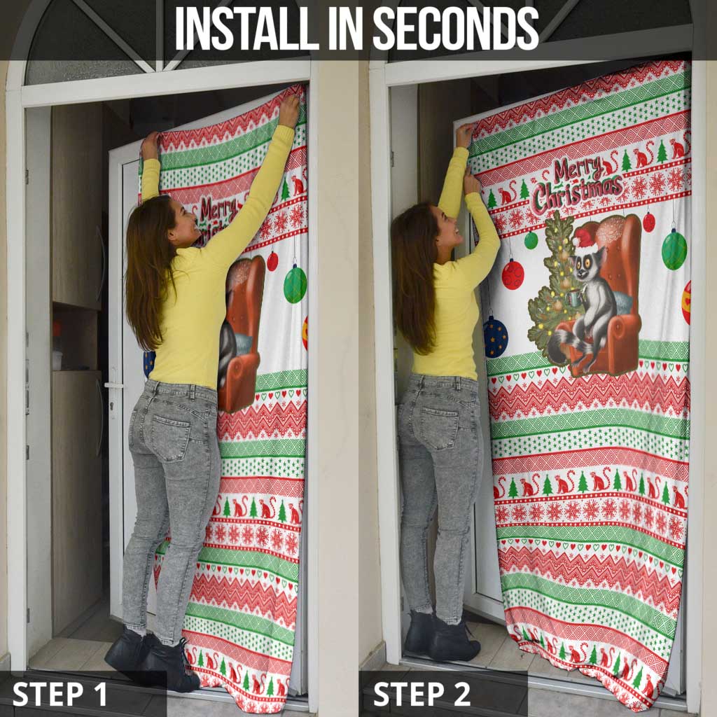 Madagascar Christmas Door Cover with Lemur Santa Hat Holiday Tree and Festive Pattern - Wonder Print Shop
