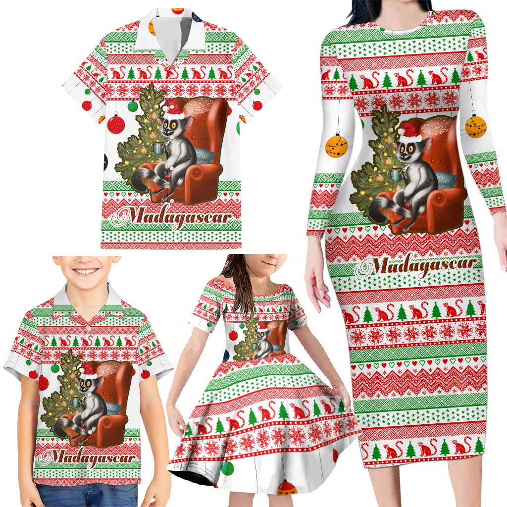 Madagascar Christmas Family Matching Long Sleeve Bodycon Dress and Hawaiian Shirt with Lemur Santa Hat Holiday Tree and Festive Pattern - Wonder Print Shop